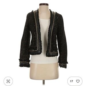 Black Tweed Fringed Open-Front Blazer Jacket
